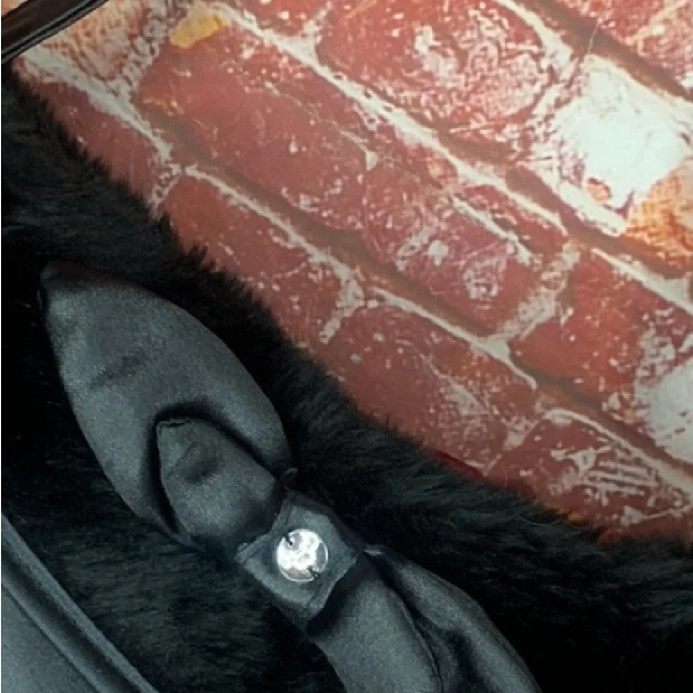 Satin Black Faux Fur Trimmed Retro Rhinestone bow Accented Clutch